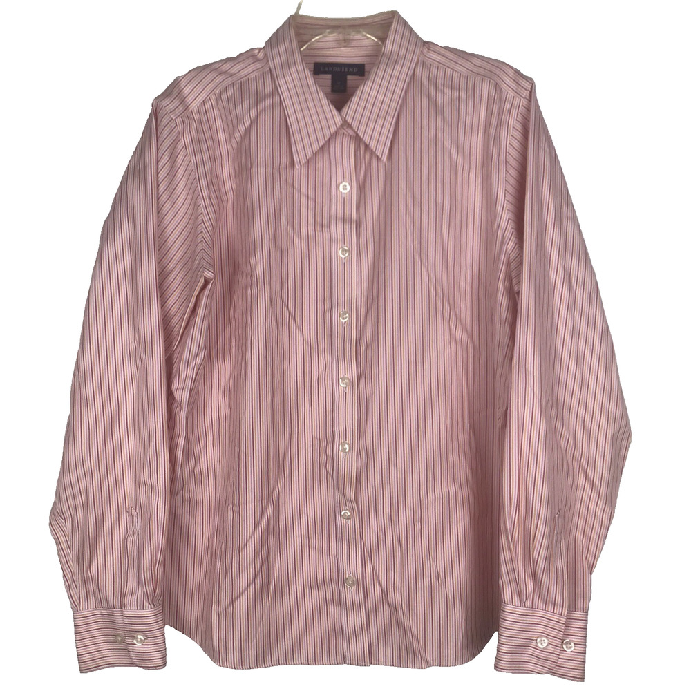 Lands End Button Up Shirt Long Sleeve Pink Orange White Stripe Cotton 12 Petite
